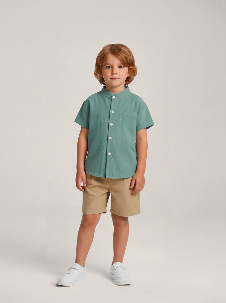 Chemise garçon col officier vert sauge – 100% coton, coupe loose tailles 2-6 ans – MIKID'Z
