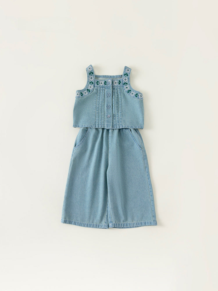 Ensemble denim brodé fille bleu – détail broderies et coupe ample – MIKID'Z