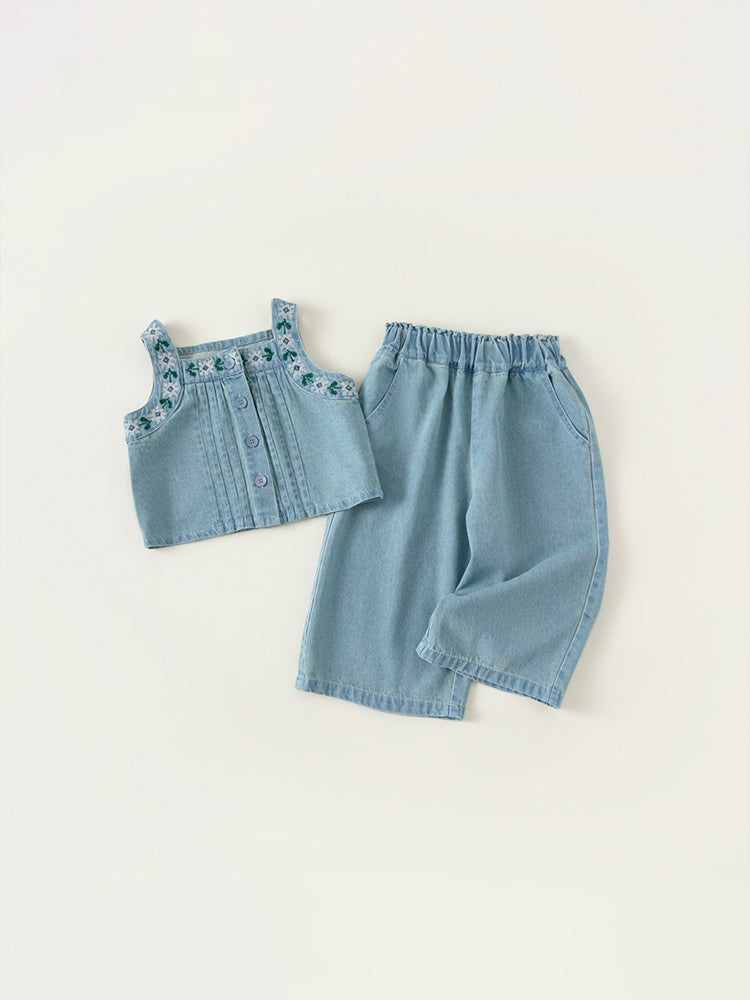 Ensemble denim fille bleu– pantalon large et haut brodé pour l'été – MIKID'Z