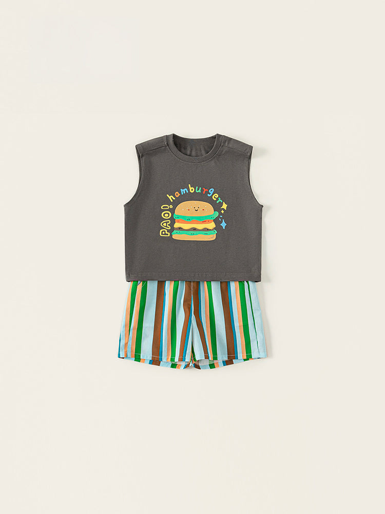 Ensemble garçon Burger Cool – détail imprimé hamburger et short rayé multicolore – MIKID'Z