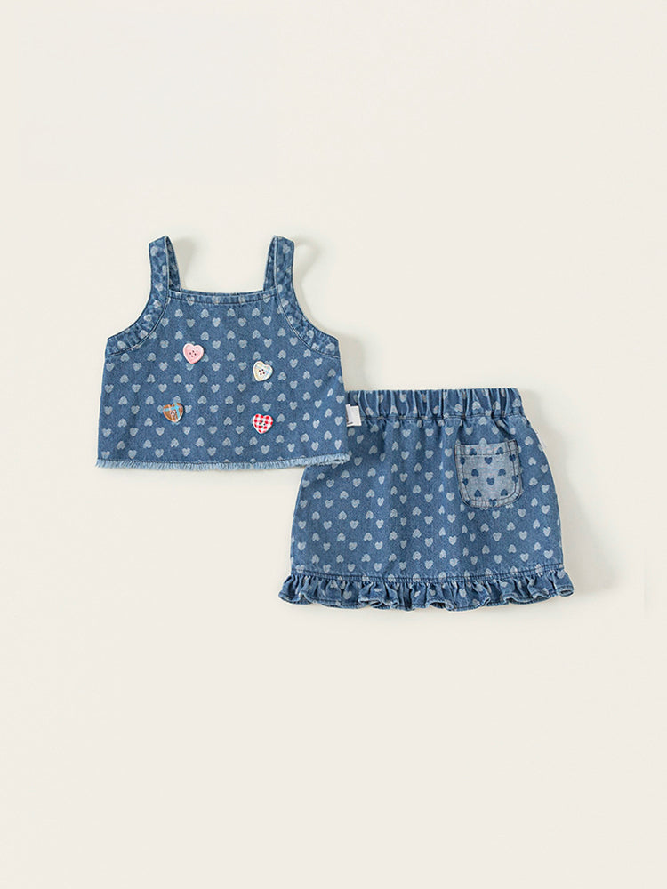 Ensemble denim fille – détail jupe volantée et motifs cœur – MIKID'Z