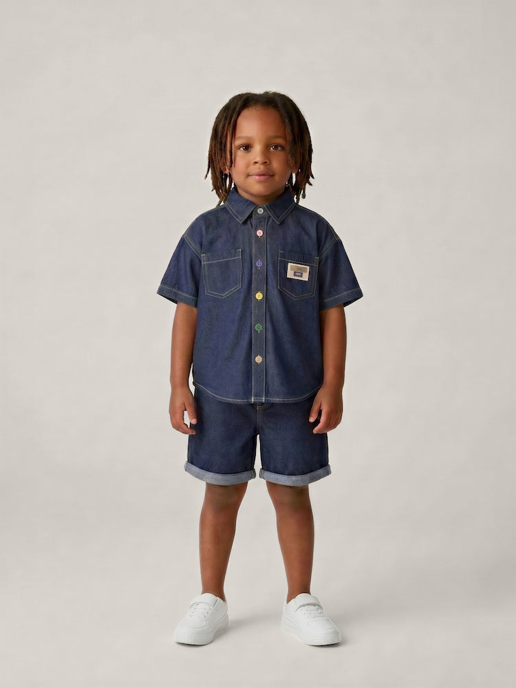 Ensemble denim garçon – chemise et short assortis bleu foncé – MIKID'Z