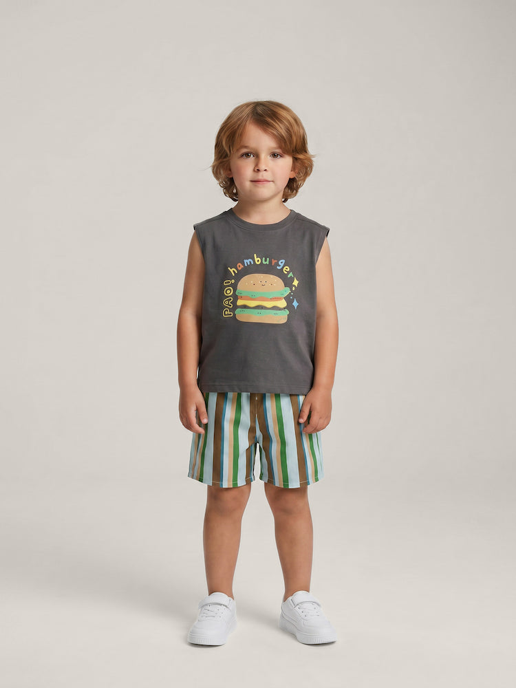 Ensemble été garçon Burger Cool – top sans manches imprimé et short rayé – MIKID'Z