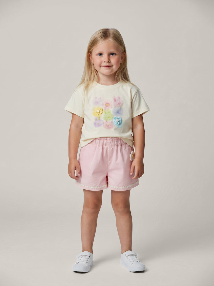 Short et t-shirt fille assortis – motif fleurs écru et short rose poudré – MIKID'Z