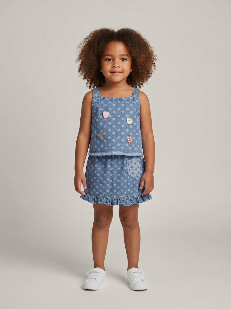 Ensemble jupe denim fille – top bretelles boutons cœur et jupe volantée – MIKID'Z