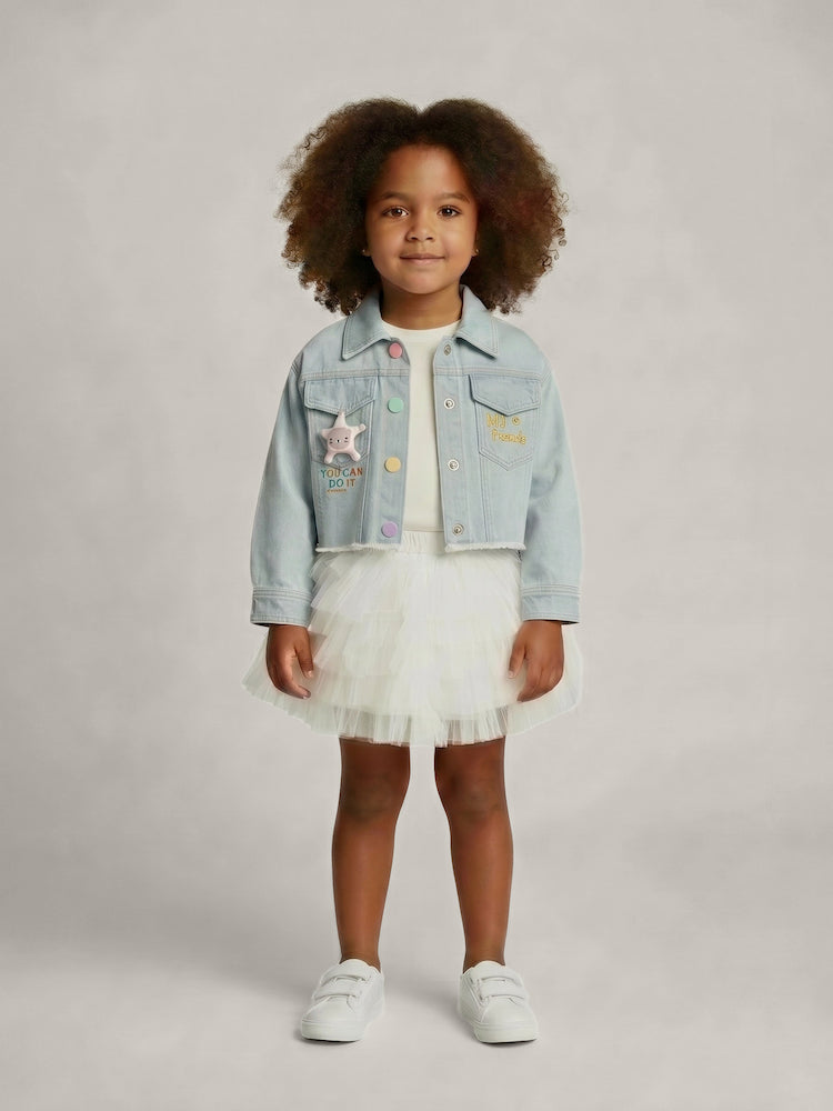 Veste denim fille bleu clair – coupe courte moderne et détails brodés – MIKID'Z