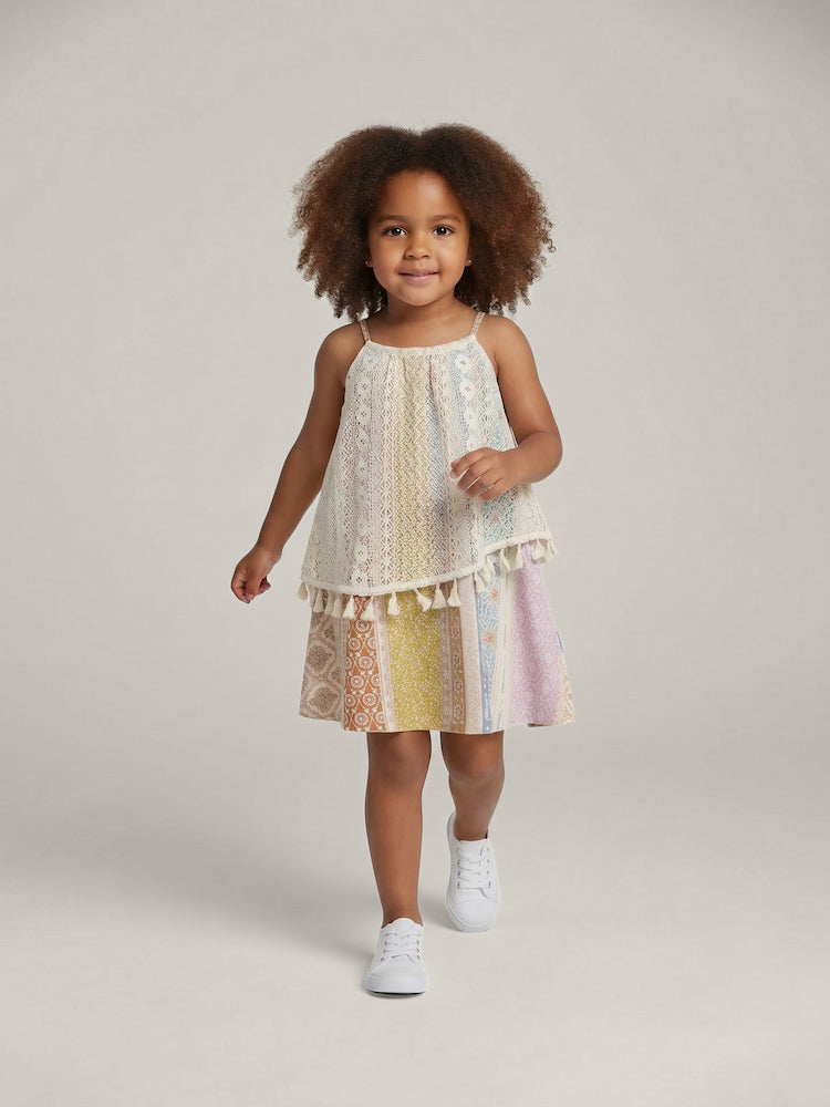 Robe fille bohème sans manches – détails dentelle et patchwork – MIKID'Z
