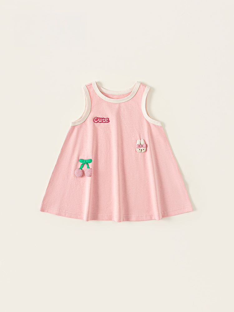 Robe coton fille rose poudré – détail encolure contrastée et motifs en relief – MIKID'Z