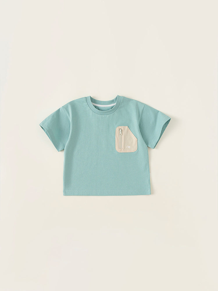 T-shirt enfant vert d'eau – détail poche contrastée et coton respirant – MIKID'Z