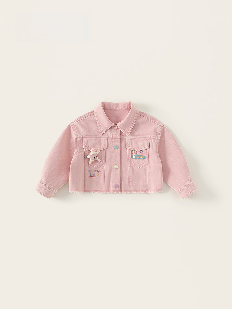 Veste en denim fille rose pastel – style doux et broderies ludiques – MIKID'Z